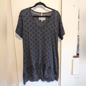 Johnny Was Navy Blue Eyelet Dress Size Small With Lace Detail On Sleeves And Hem